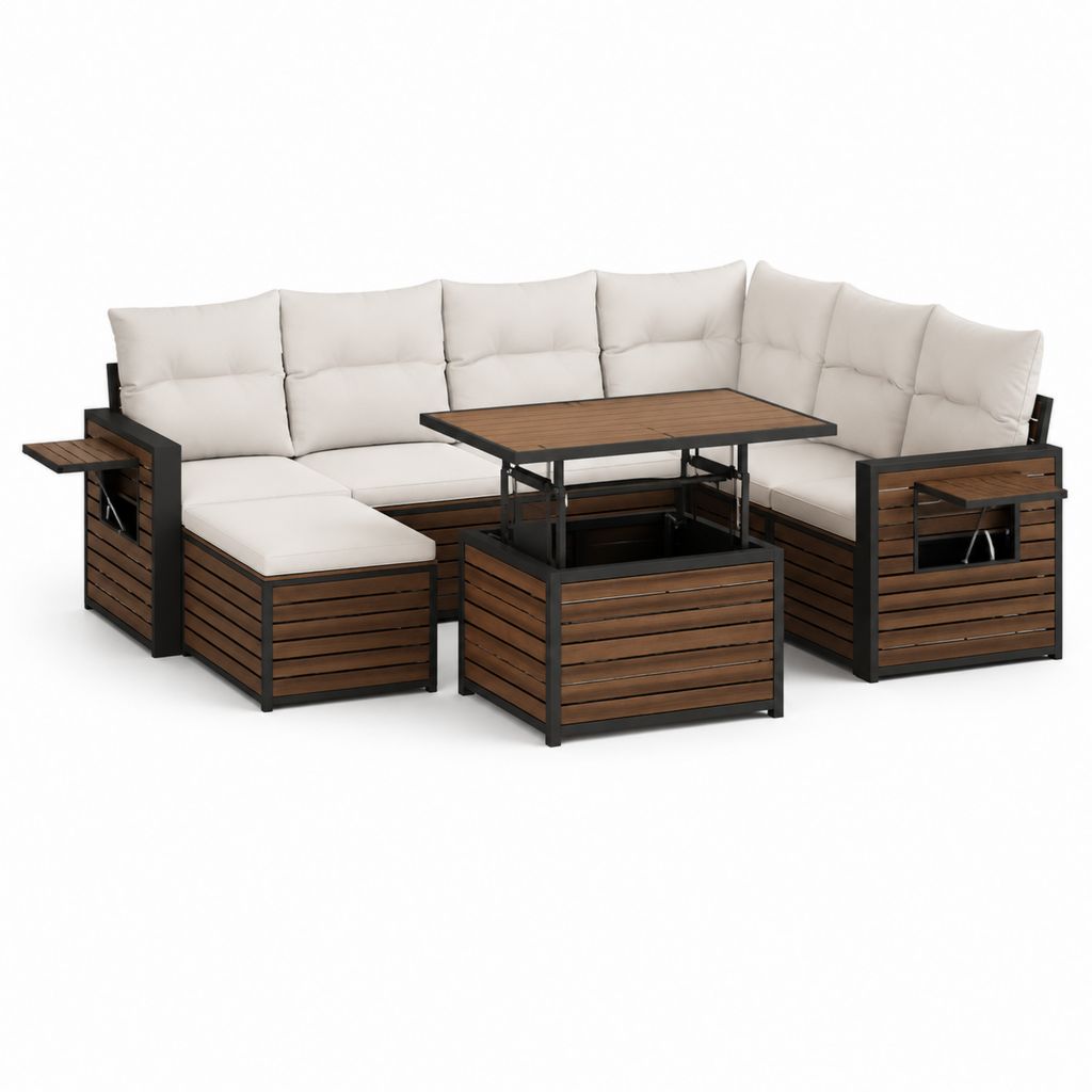 Salon de jardin d'angle 5 places brun et beige en aluminium et WPC avec table relevable 250 x 200 x 88 cm