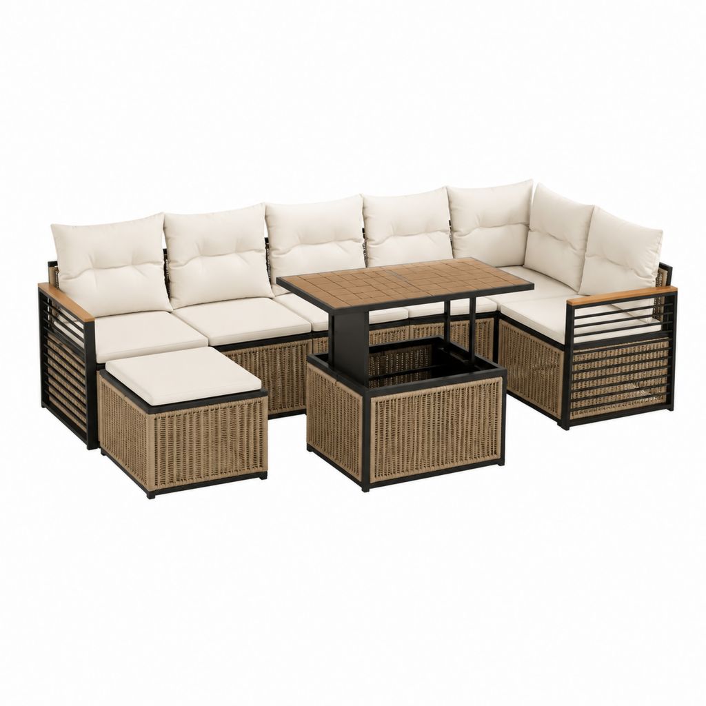 Salon de jardin d'angle 6 places beige et marron en aluminium rotin PE avec table 250 x 250 cm