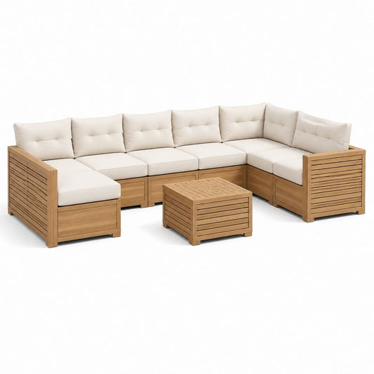 Salon de jardin d'angle 7 pièces en acacia massif beige 310 x 235 x 78 cm