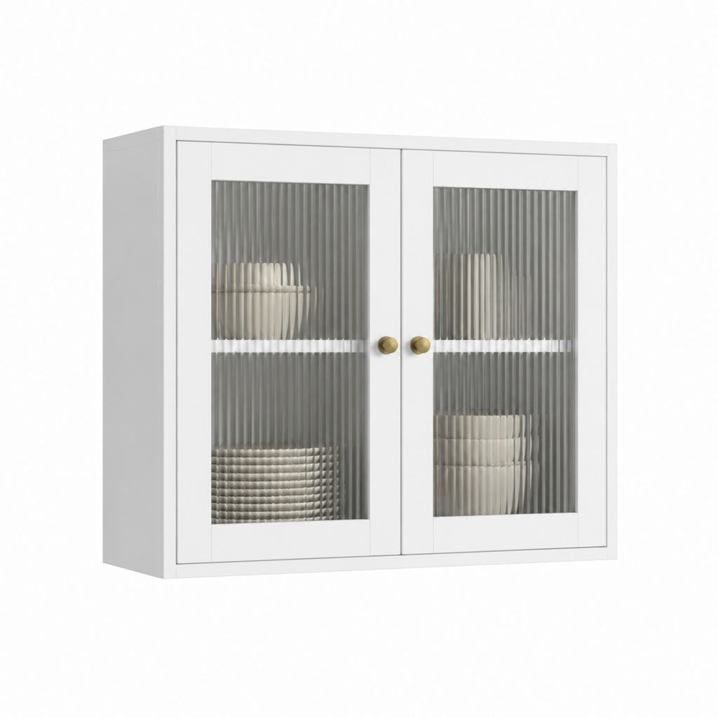 Meuble mural de cuisine blanc en MDF avec 2 portes vitrées nervurées 80 x 60 x 32 cm