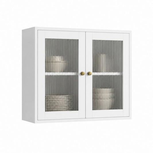 Meuble mural de cuisine blanc en MDF avec 2 portes vitrées nervurées 80 x 60 x 32 cm