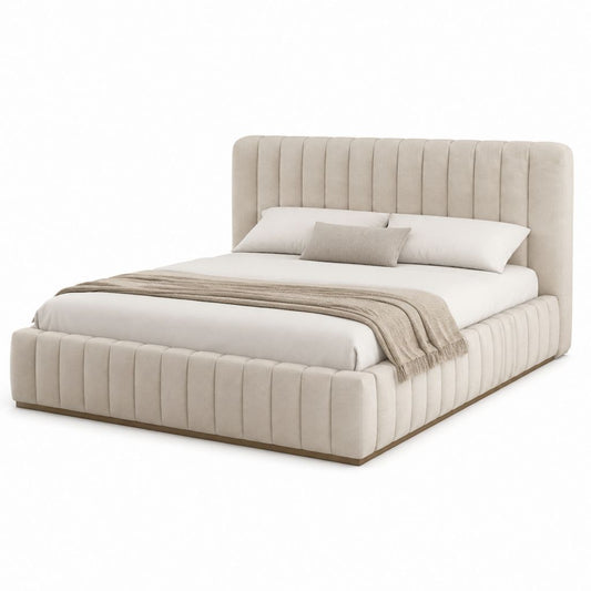 Lit coffre 160 x 200 cm beige en polyester avec tête de lit capitonnée