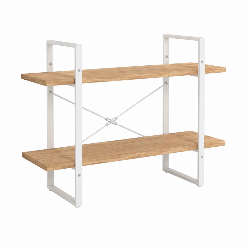 Étagère bibliothèque rectangulaire 2 niveaux blanc et chêne en acier et MDF 110 x 30 x 85 cm