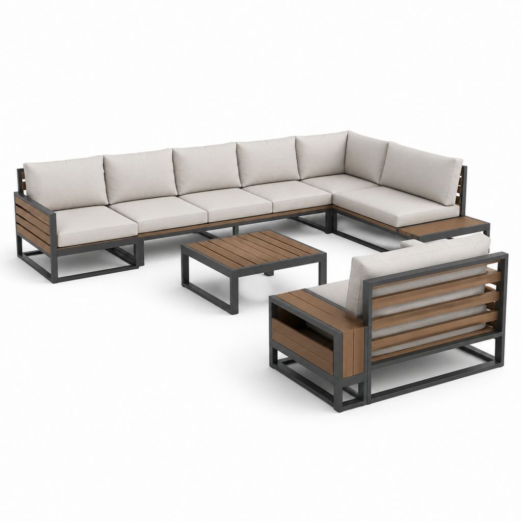 Salon de jardin d'angle 5 places avec fauteuil et table basse gris beige aluminium et bois 300 x 220 cm