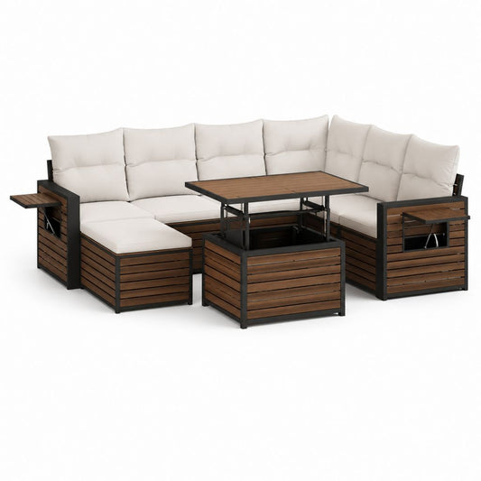 Salon de jardin d'angle 5 places brun et beige en aluminium et WPC avec table relevable 250 x 200 x 88 cm
