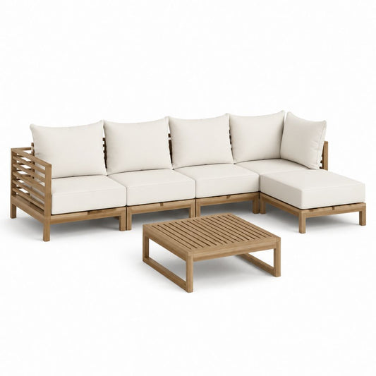 Salon de jardin d'angle 4 places avec table basse beige en acacia massif 250 x 160 cm