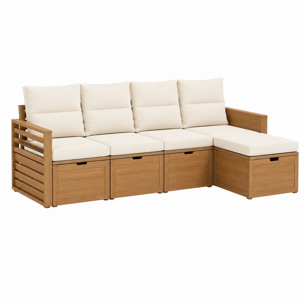 Canapé de jardin d'angle 4 places marron miel en acacia massif avec coussins beige 240 x 180 x 85 cm