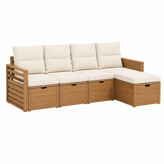 Canapé de jardin d'angle 4 places marron miel en acacia massif avec coussins beige 240 x 180 x 85 cm