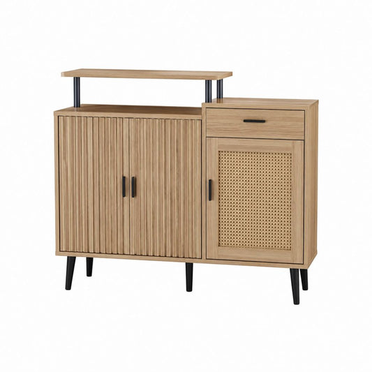 Meuble à chaussures 3 portes avec tiroir chêne clair MDF et cannage 100 x 35 x 108 cm