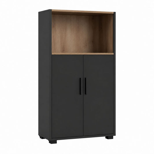 Bibliothèque armoire rectangulaire à 2 portes noir et chêne en panneaux de particules 80 x 40 x 180 cm