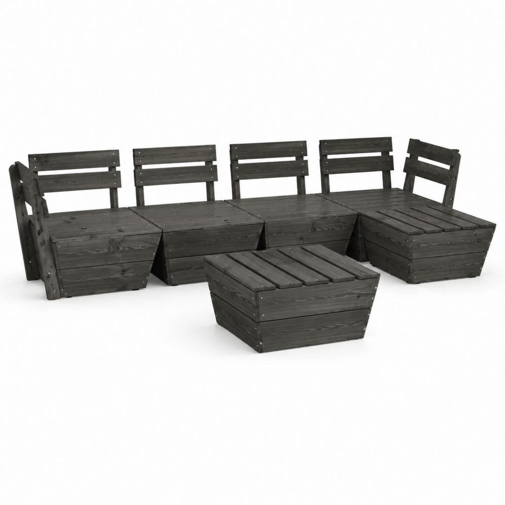Salon de jardin modulable 6 pièces gris anthracite en pin massif avec repose-pieds 63.5 x 63.5 cm