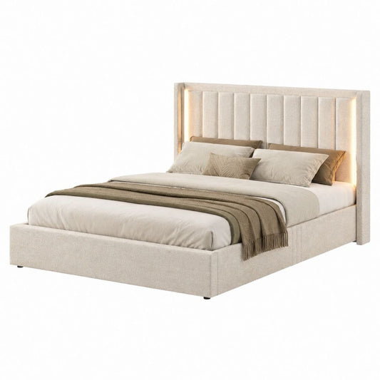 Lit coffre 160 x 200 cm beige en polyester avec tête de lit capitonnée éclairage LED