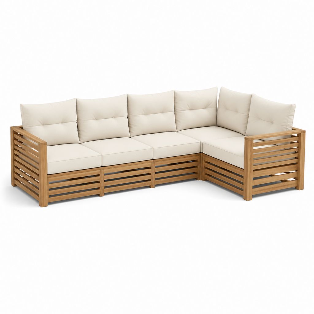 Canapé de jardin d'angle 4 places beige en acacia avec coussins 250 x 190 x 78 cm