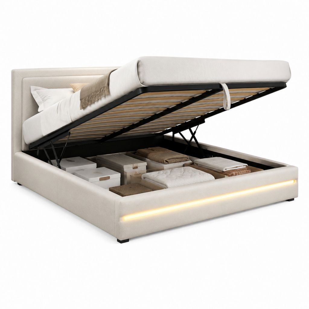 Lit coffre 160 x 200 cm beige en polyester avec sommier à lattes et éclairage LED
