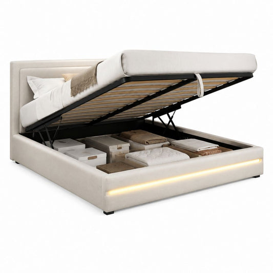 Lit coffre 160 x 200 cm beige en polyester avec sommier à lattes et éclairage LED