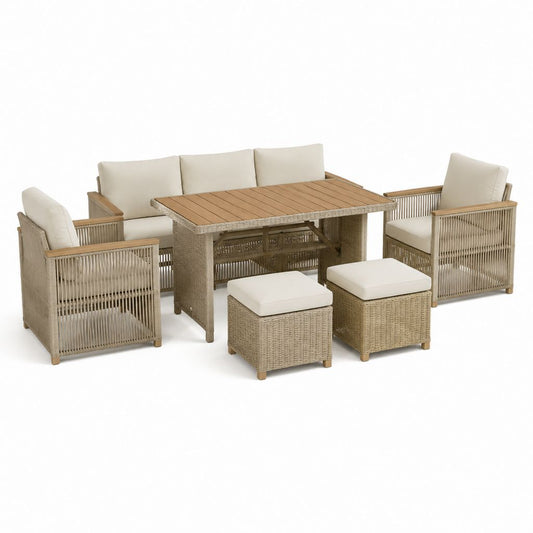 Salon de jardin 6 places en rotin PE beige avec table rectangulaire en acacia 150 x 90 x 75 cm