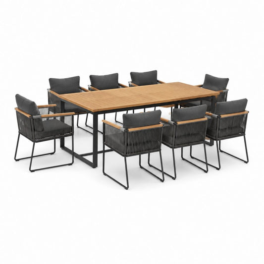 Ensemble repas de jardin 9 pièces noir et bois d'acacia avec table rectangulaire 220 x 100 x 75 cm