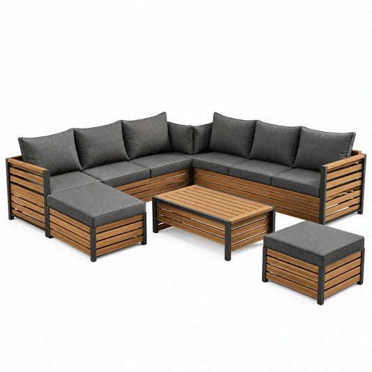 Salon de jardin d'angle 6 places en acier noir et acacia avec coussins gris 260 x 200 x 75 cm