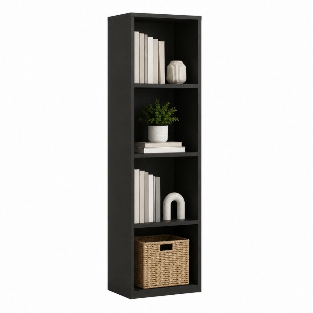 Bibliothèque haute rectangulaire noire en panneaux de particules mélaminés 4 niches 180 x 40 x 30 cm