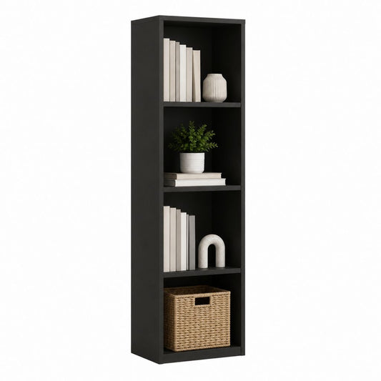 Bibliothèque haute rectangulaire noire en panneaux de particules mélaminés 4 niches 180 x 40 x 30 cm