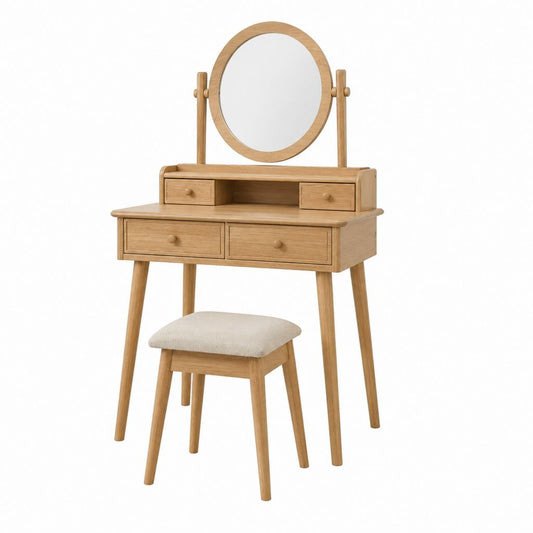 Coiffeuse avec miroir rond et tabouret chêne clair en bois 80 x 40 x 137 cm