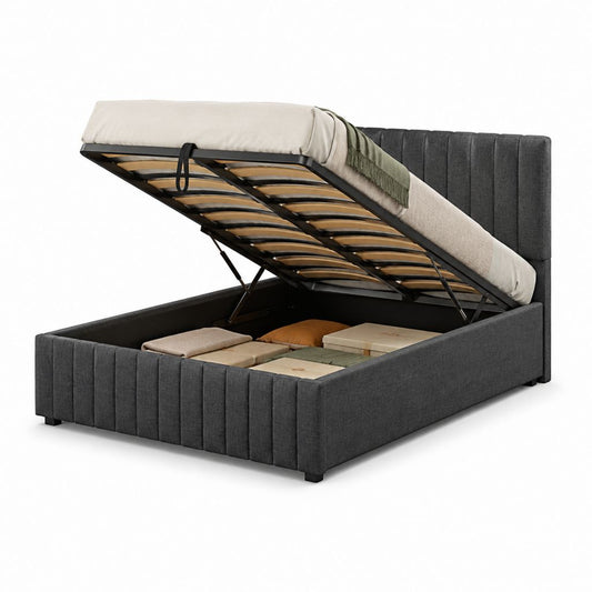 Lit coffre 160 x 200 cm gris foncé en polyester avec sommier à lattes relevable